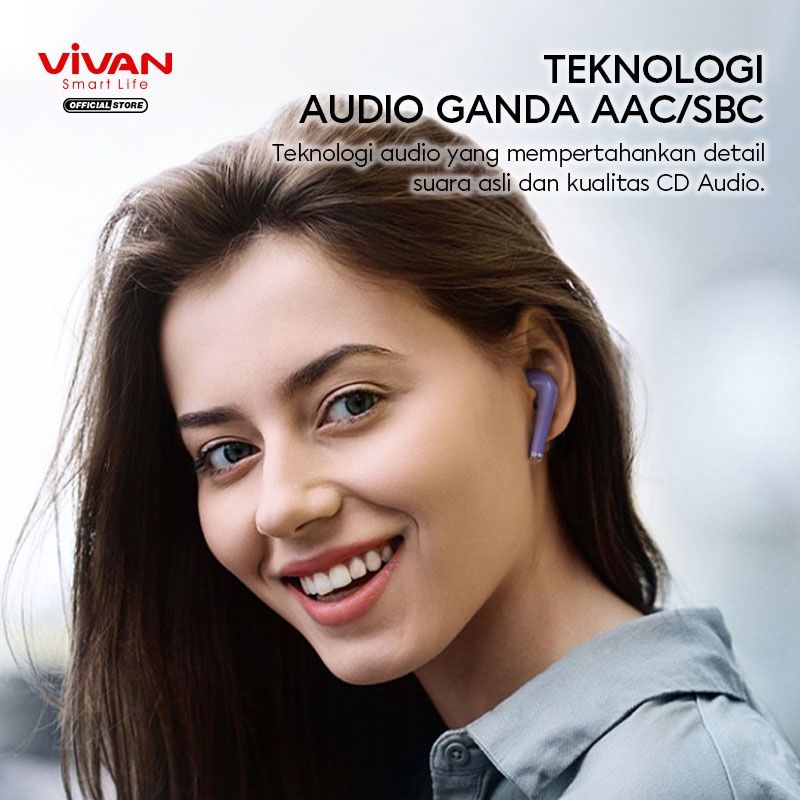 (VROFFSTORE) Headset VIVAN Earphone Wireless TWS Bluetooth 5.1 Liberty T220 Purple Semua Type Smartphone- Garansi Resmi 1 Tahun