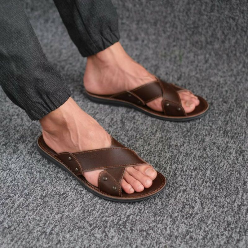 BRLN 003 Brown Sandal Pria Full Kulit Asli Original Sendal Santai Anti Slip Klasik