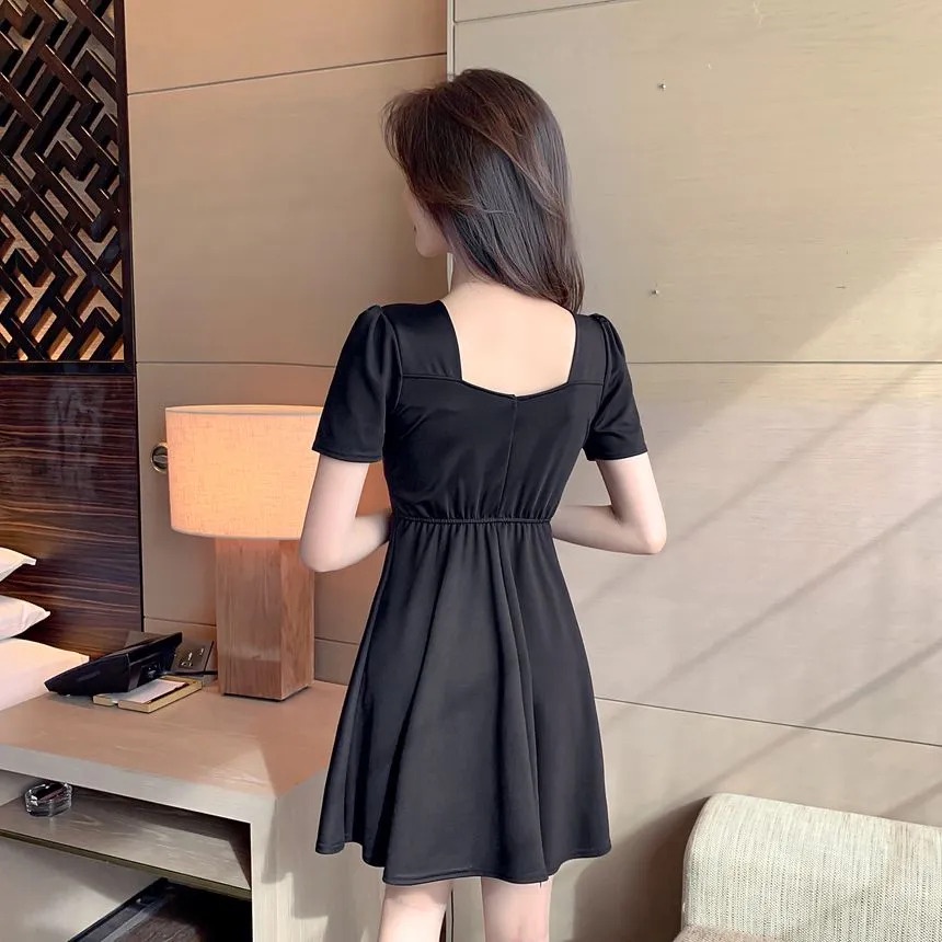 Korean Short Sleeve Square Neck Mini Dress Wanita Lengan Pendek 1405 (S/M/L/XL)