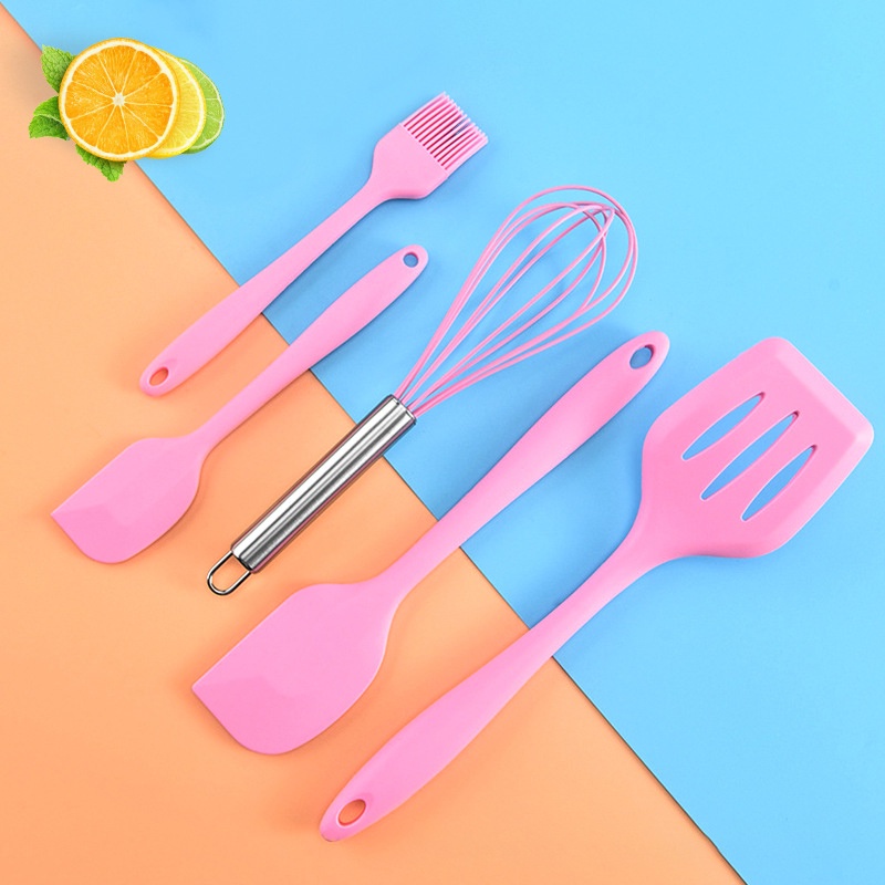 5 Pcs/1 Set Silicone kitchenware set baking Spatula pencampur-Girlish Pink - PD