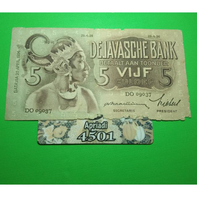 UK173 UANG KUNO ASLI 5 GULDEN SERI WAYANG TAHUN 1936 KOLEKSI UANG LAMA KERTAS INDONESIA #f