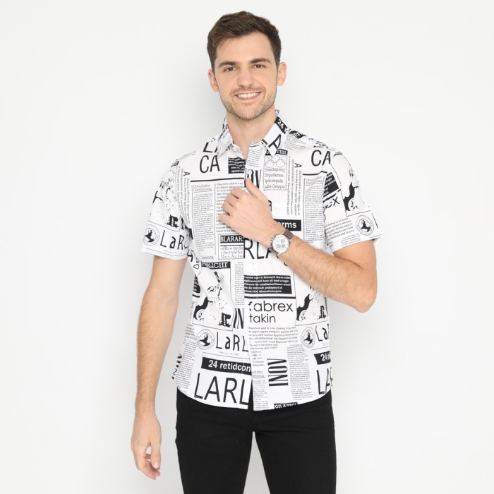 RICARDO KEMEJA PRIA MOTIF LENGAN PENDEK PUTIH HITAM 32237 PROMO