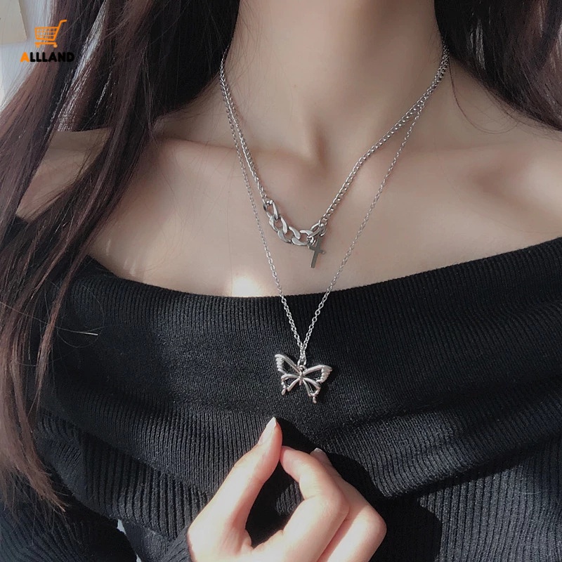 Kalung Rantai Multilayer Liontin Butterfly Cross Geometri Asimetris Bahan Alloy Gaya Punk Gothic Untuk Unisex