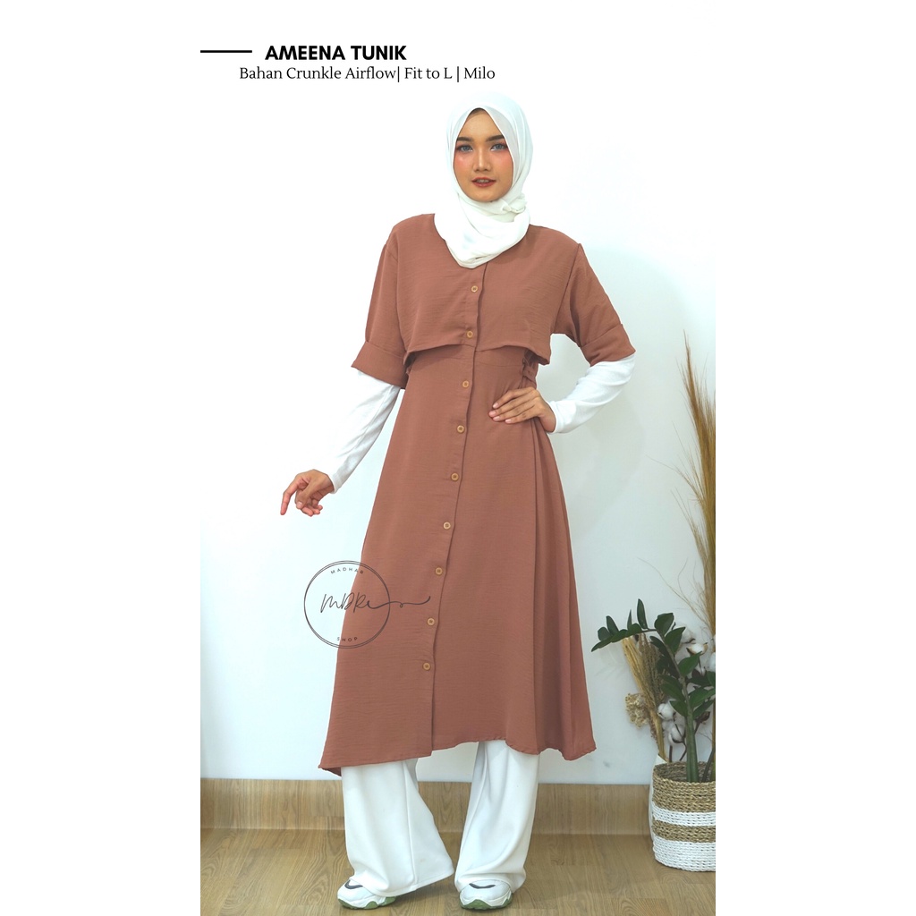 Ameena  dress Crincle Busui Premium Import Tangan 3/4 Kancing Depan jumbo polos Dress Kekinian