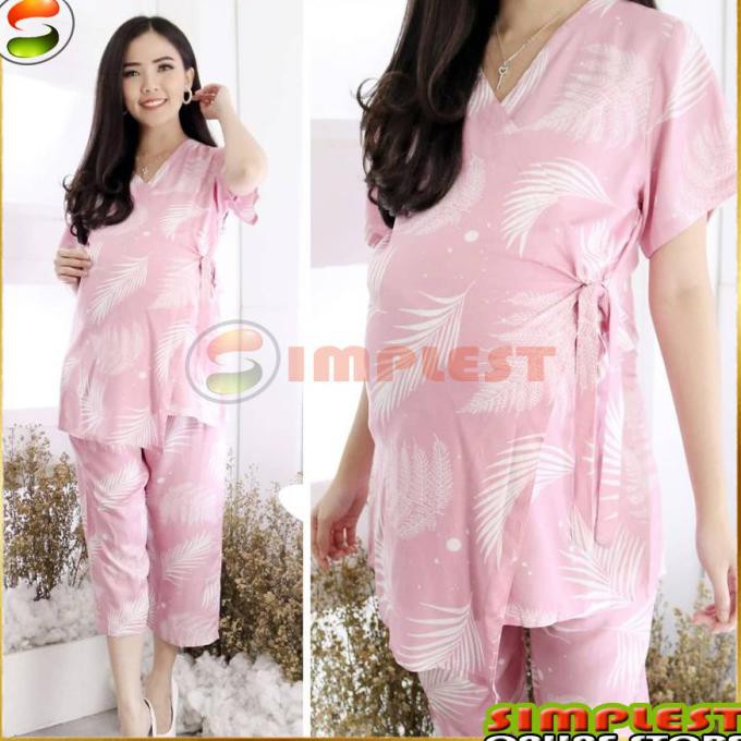 Baju Setelan 7/8 Hamil & Menyusui Model Kimono Bahan Rayon Premium - Pink Terlaris