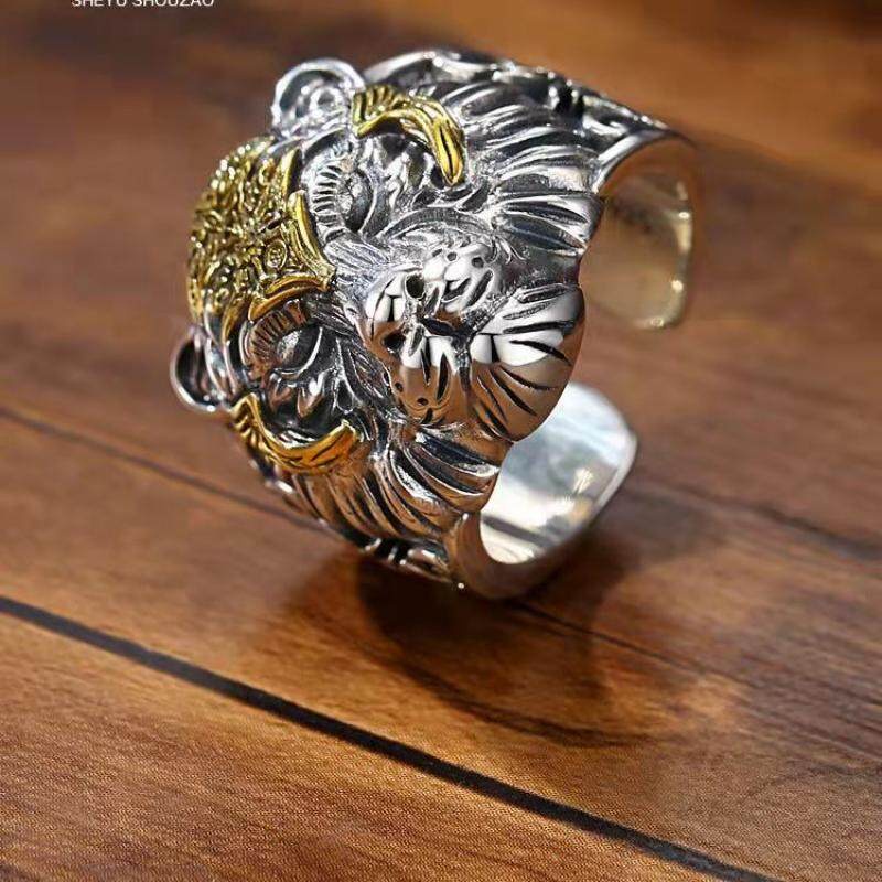 Cincin Model Kepala Harimau Terbuka Dapat Disesuaikan Gaya Punk Vintage Hip-Hop Untuk Pria