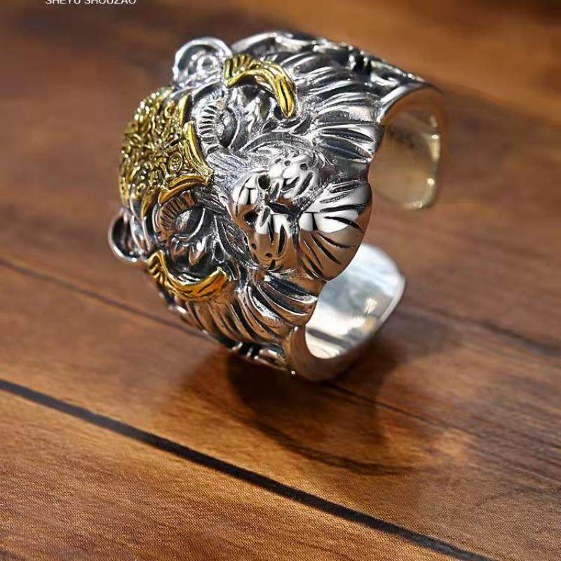 Cincin Model Kepala Harimau Terbuka Dapat Disesuaikan Gaya Punk Vintage Hip-Hop Untuk Pria