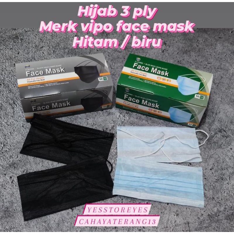 READY isi 50 MASKER HIJAB HEADLOOP 3 PLY WARNA BIRU DAN HITAM MERK FACE MASK / BESCO / ONECARE BLUE BLACK TALI PANJANG SILANG MERK FACE MASK VIPO