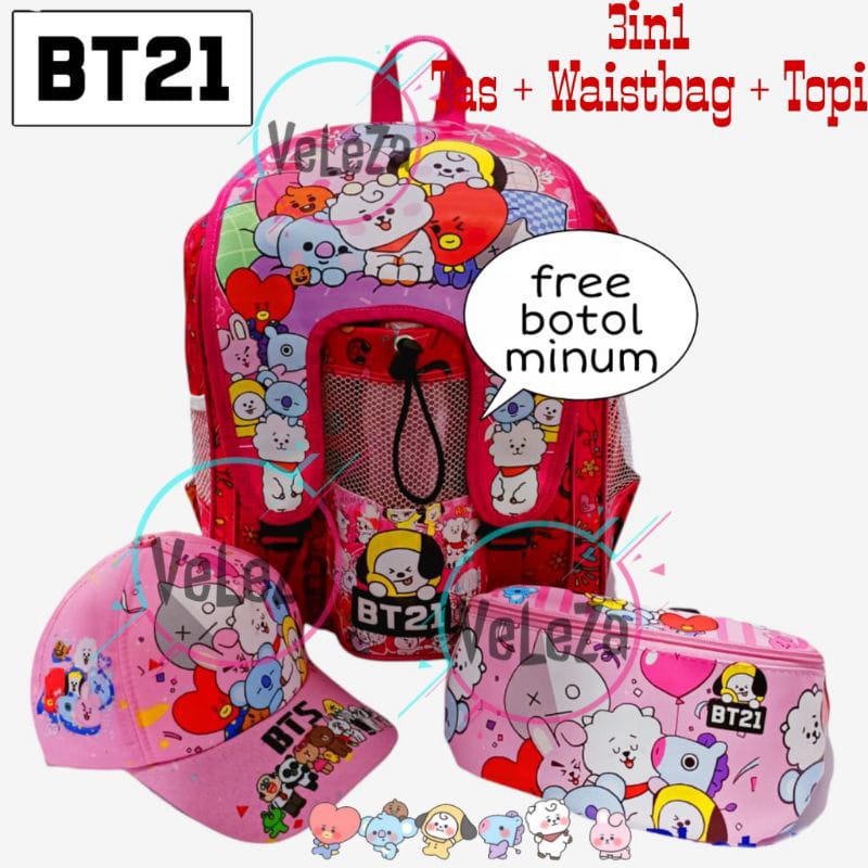 Ransel Anak BT21 Botol Tengah Paket Topi+Wasbag