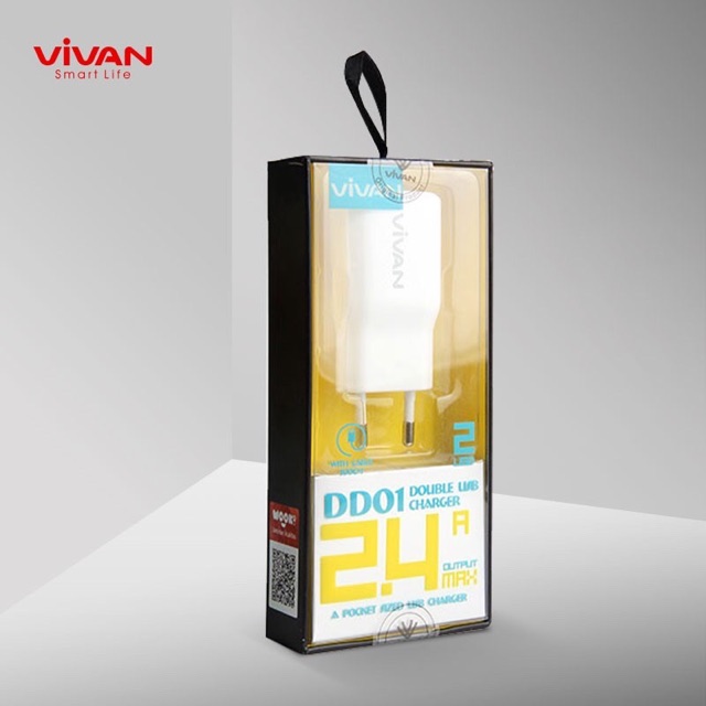 Charger VIVAN Dual USB 2.4A FREE Kabel Micro Adaptor HP Android/iPhone - Garansi 1 Tahun - DD01