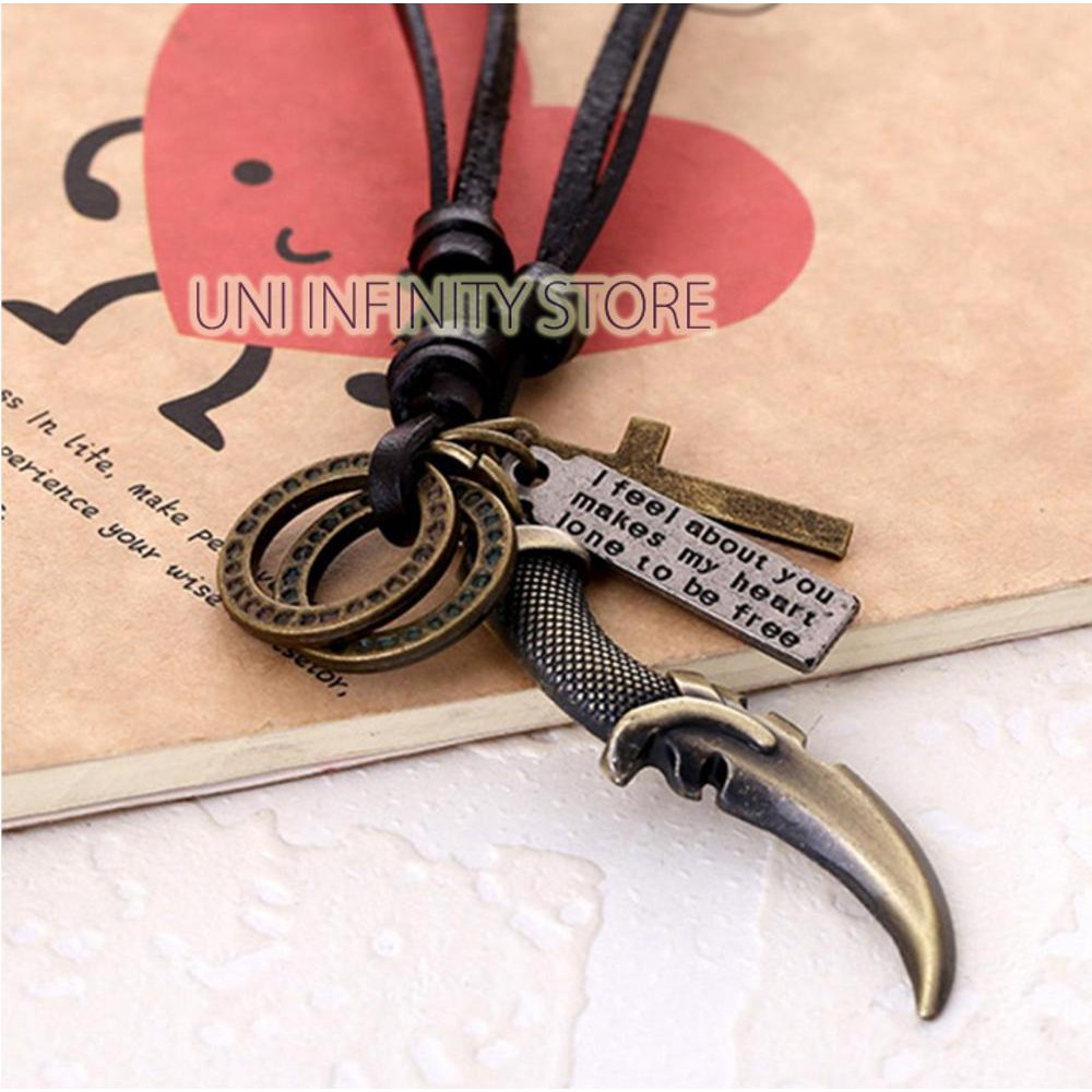 Dijual JWNE0062 Kalung Kulit Cincin Pisau Salib Pria  Knife Cross Ring Leather Necklace  Diskon