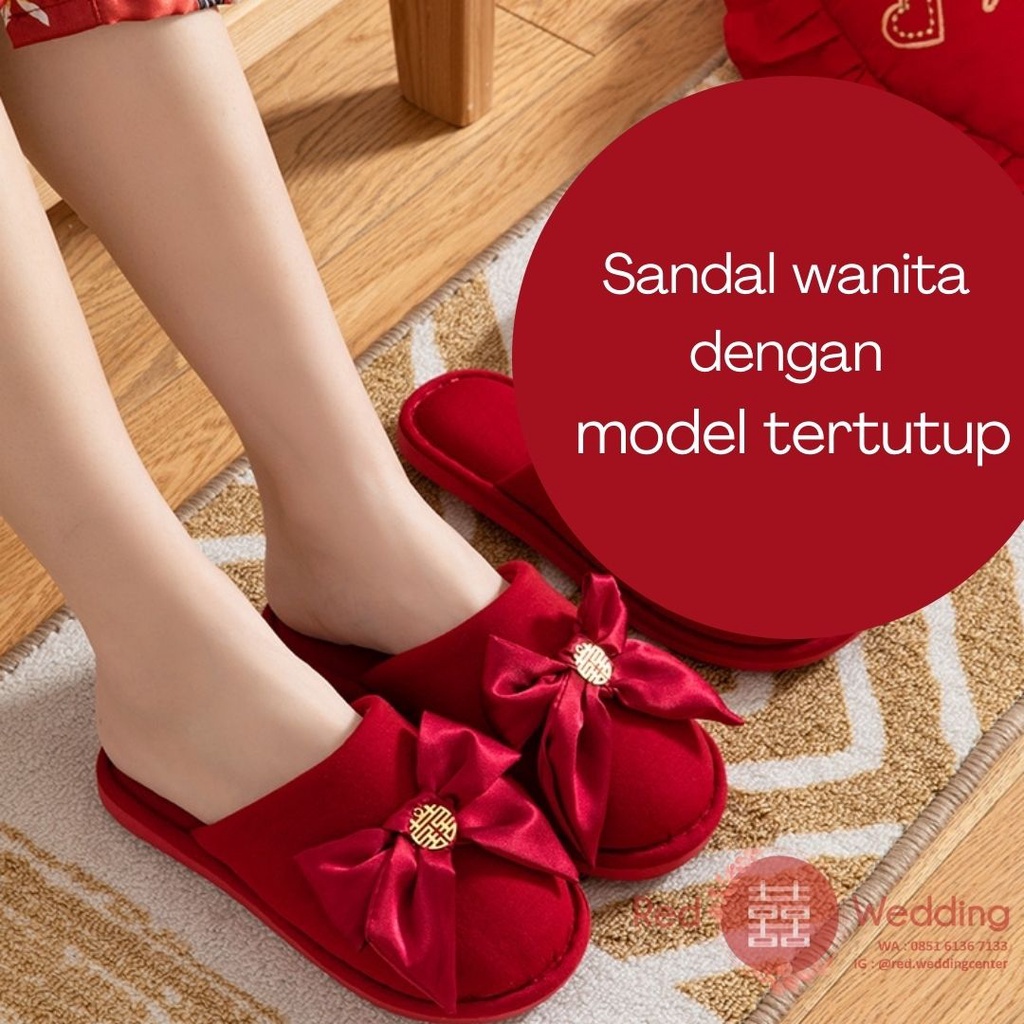 Sandal Maroon Pengatin Groom/Bride Sepatu Wedding Bahan Kain Pita dengan Shuang Xi Sanghi Emas