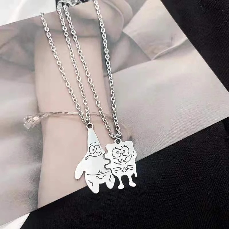 Kalung Rantai Liontin Kartun SpongeBob SquarePants Dan Pie Star Bahan Alloy Untuk Sweater Unisex