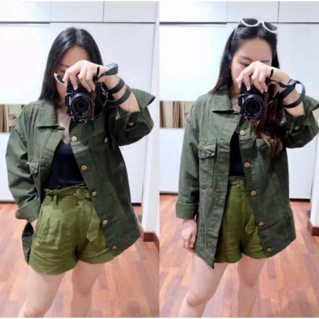 FOURFASHION JAKET JEANS WANITA OVERSIZE WARNA HIJAU ARMY 