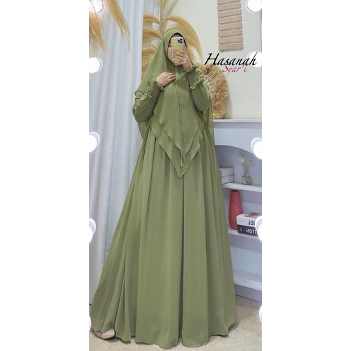 Gamis syari hasanah bahan ceruty baby doll premium full furing / busui / resleting-Hijau pupus