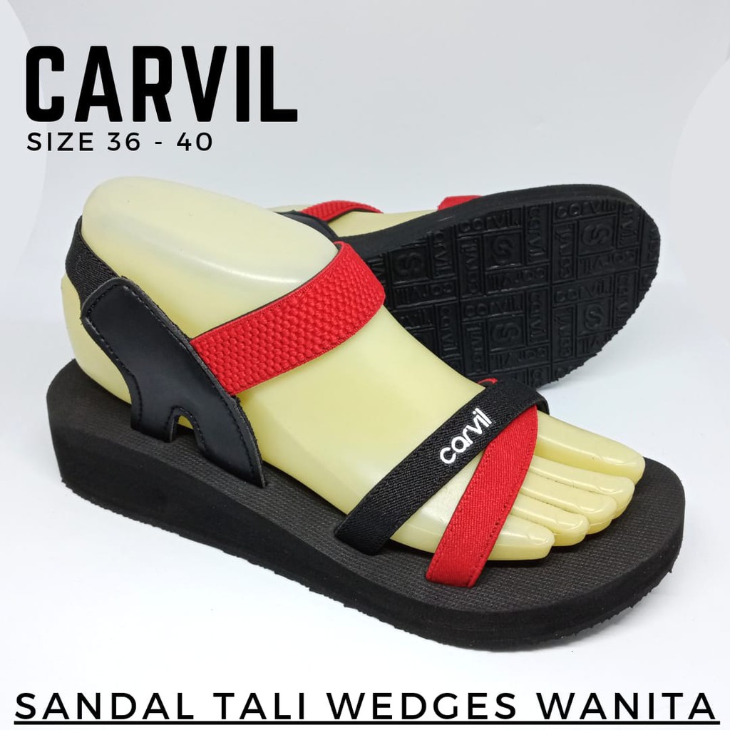 [COD] sandal tali cewek CARVIL model heels wedges size 36-40 karet TPR ringan anti slip black red