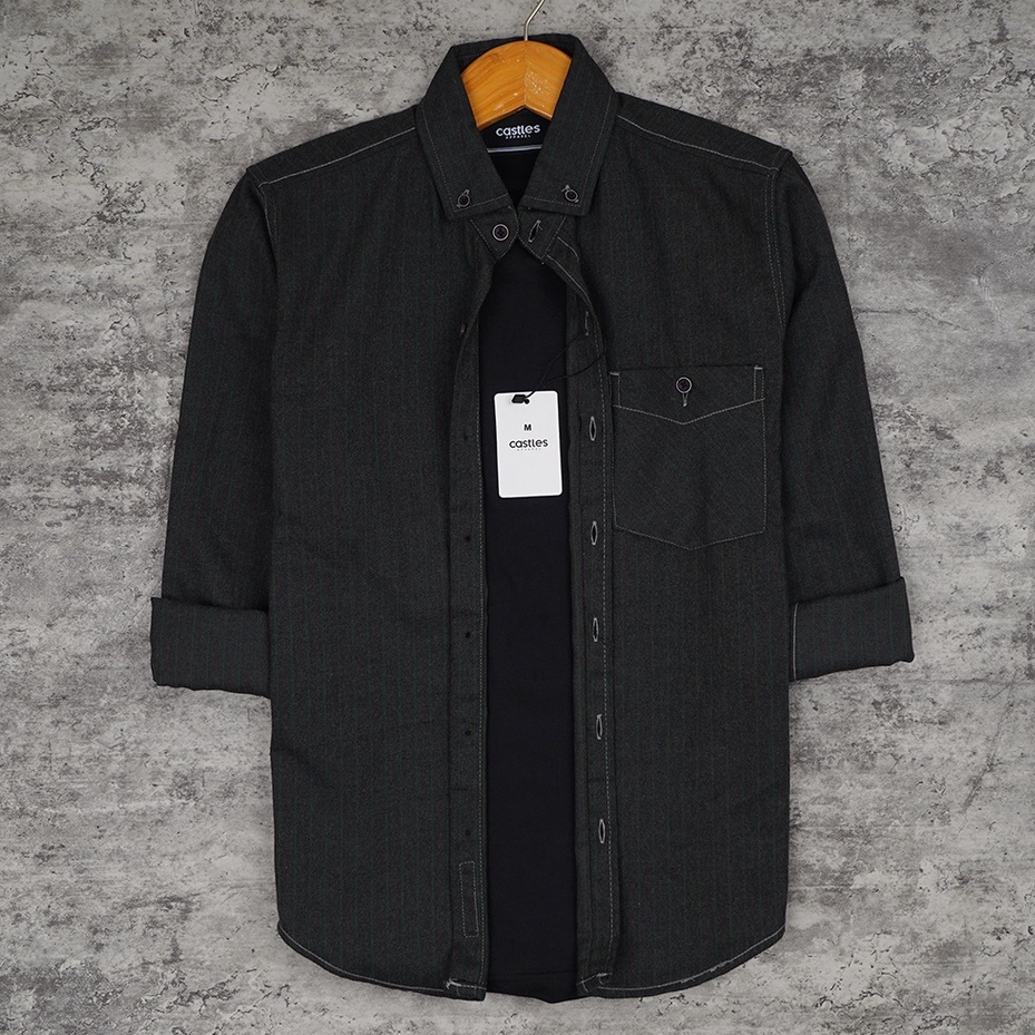 Castles.id Long Sleeve Flannel Shirt DarkGrey Flanel Pria M L XL