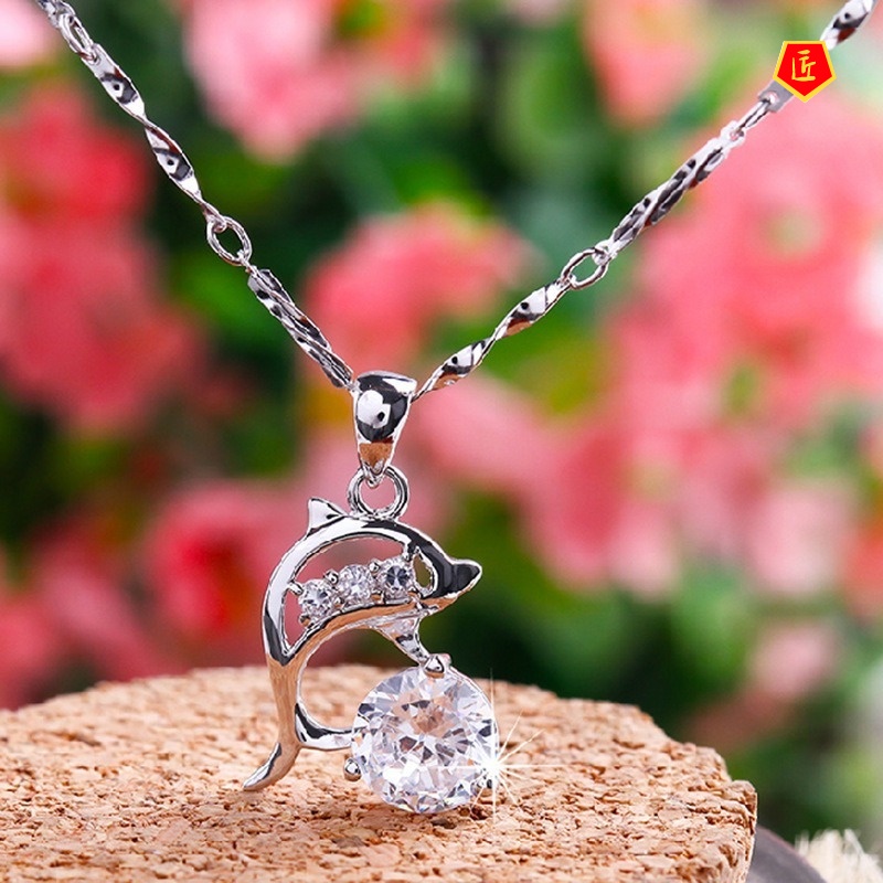 [Ready Stock]Silver Crystal Silver Necklace Women's Dolphin Pendant Valentine's Day Gift