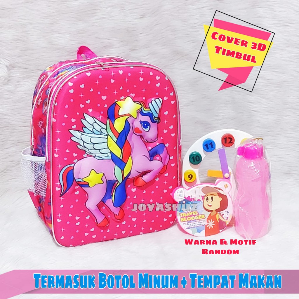 Tas Sekolah Anak Unicorn 3 Dimensi Gratis Set Alat Tulis / Ransel Unicorn / Tas Karakter Anak