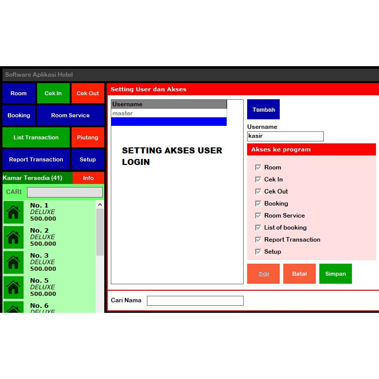 Software Program Aplikasi Administrasi Kasir Penginapan Hotel Guest house Losmen Kos