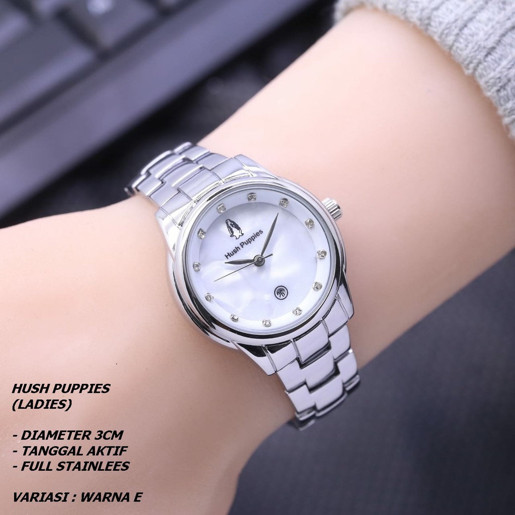 ( BISA COD ) JAM TANGAN WANITA HUSH PUPPIES RANTAI BODY BULAT TANGGAL AKTIF