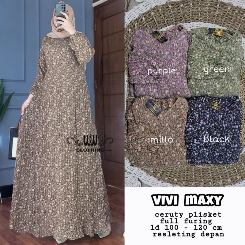 Vivi Maxy New Gamis Muslim Bahan Ceruty Plisket Full Furing-3