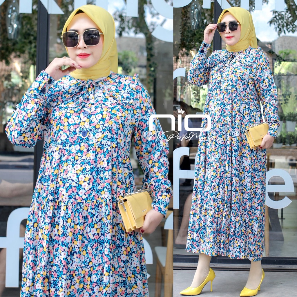 Midi Dress Pakaian Muslim Wanita Twill Rayon Full Cream Flower Motif By Nionio