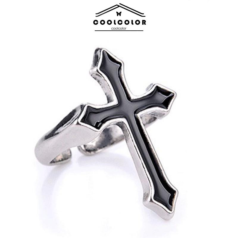 COD Cincin Hitam Cross Retro Fashion Cincin Pria Wanita Minyak Menetes Punk Jari Telunjuk Tren Cincin Hitam