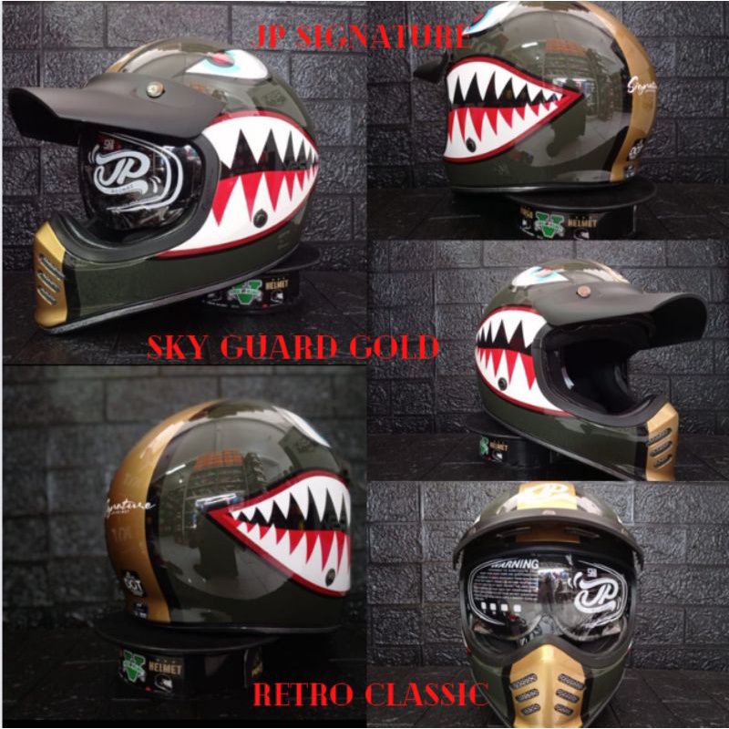 JPX HELM JP SIGNATURE GREEN GOLD SKY GUARD RETRO CLASSIC D-DRING SNI DOT TERMURAH