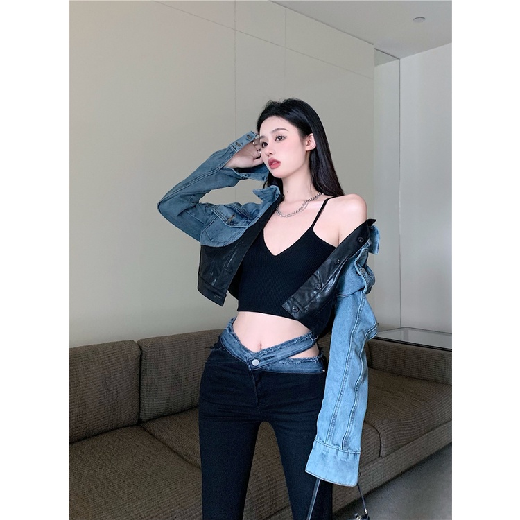 Gaya Korea Jeans Hitam Slim Fit Slim Jeans Wanita Musim Panas Tipis Desain Niche Pinggang Tinggi Kak