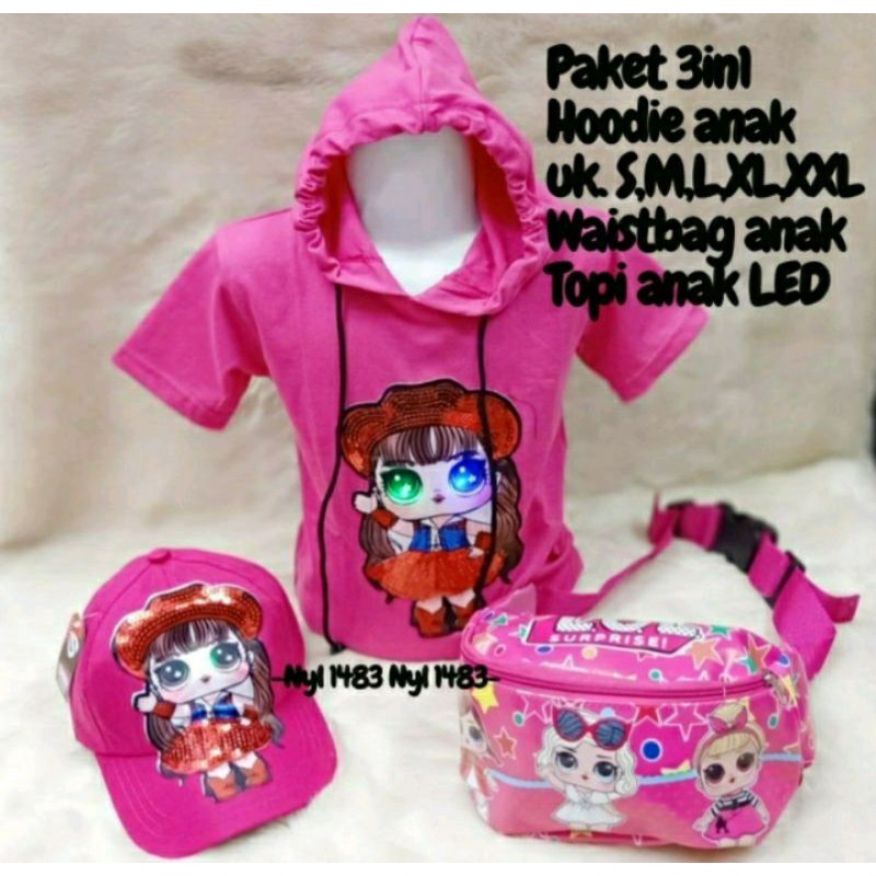 Paket 3IN1 Hoodie paket hemat Murah anak  karakter LOL waistbag dan topi LED(nyala)