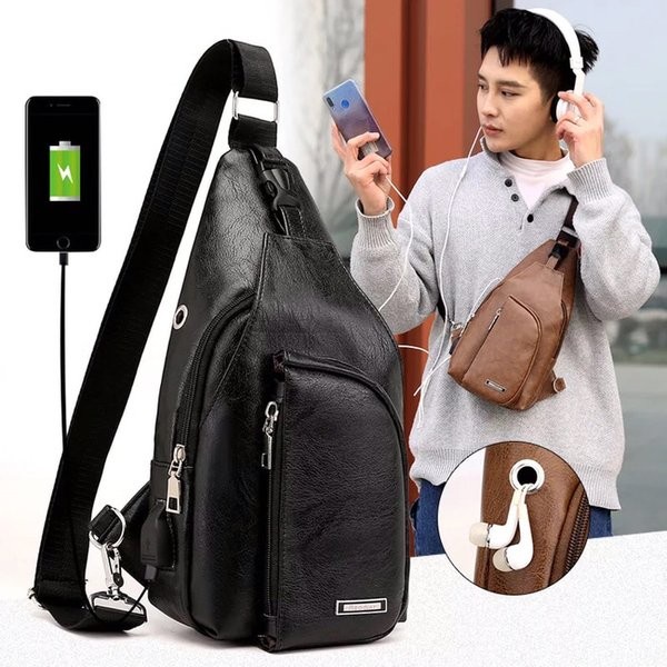 Tas Selempang Kulit/Tas USB Charger HP Universal