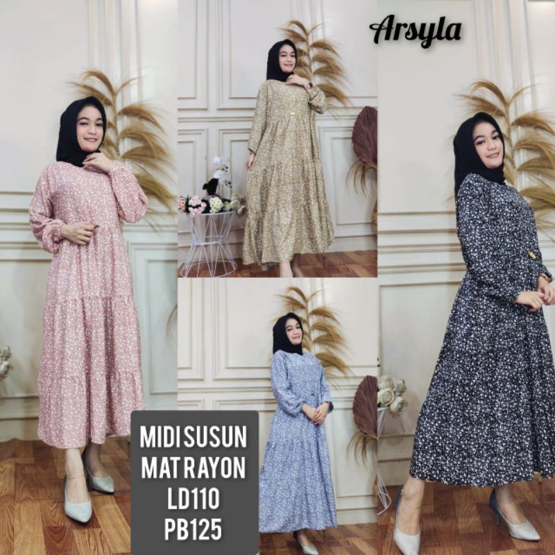 DRESS SUSUN ARSYLA || MIDI DRESS MOTIF BUNGA || MIDI DRESS RAYON PREMIUM || MIDI DRESS