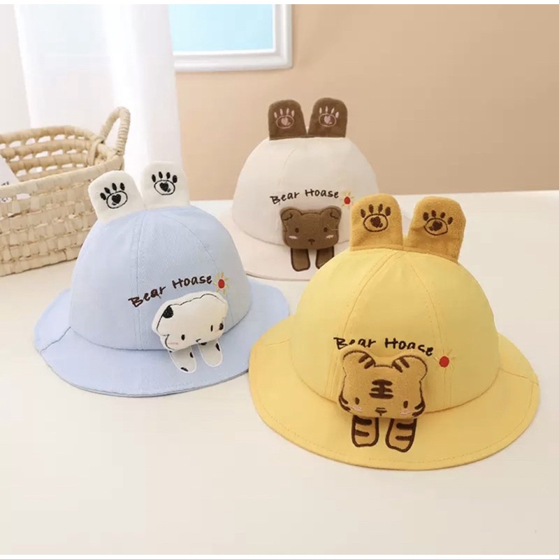 IMPORT Topi Bucket Anak Bayi Balita Unisex Model Boneka Bear Hoase Motif 3D Lucu