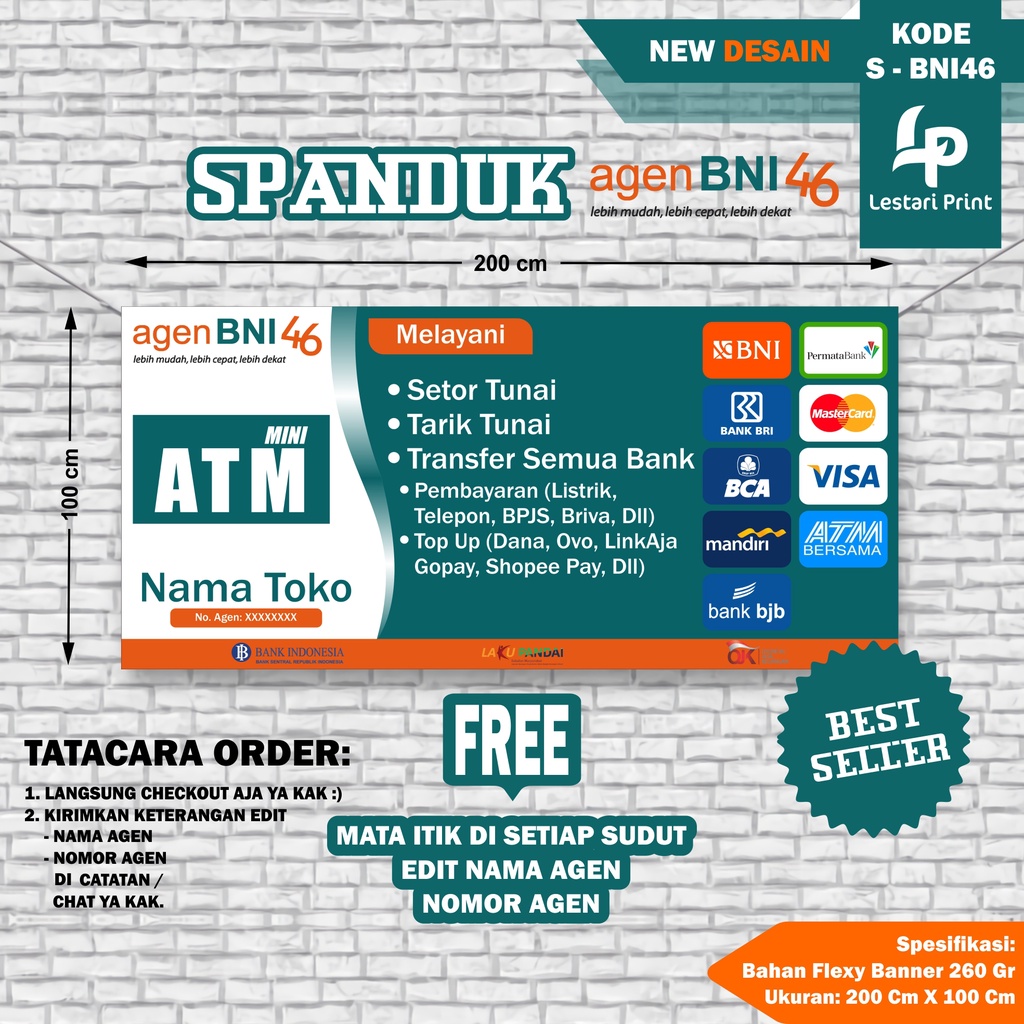 SPANDUK AGEN BNI 46 2 METER X 1METER / BANNER AGEN BNI 46 / LESTARI PRINT