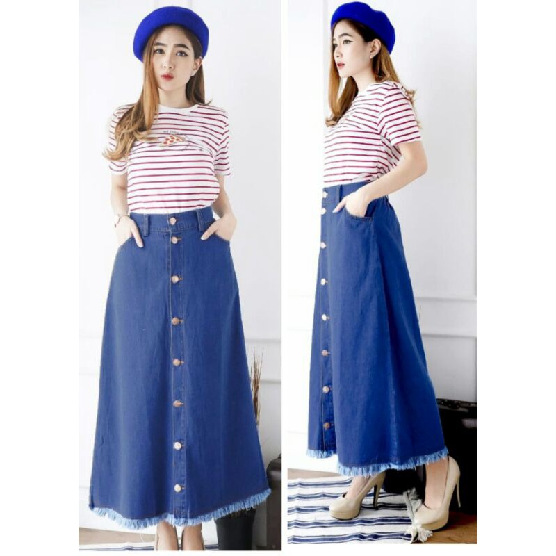 Rok rumbai denim wanita premium / Pakaian wanita rok panjang  denim cewek rok wanita terbaru murah