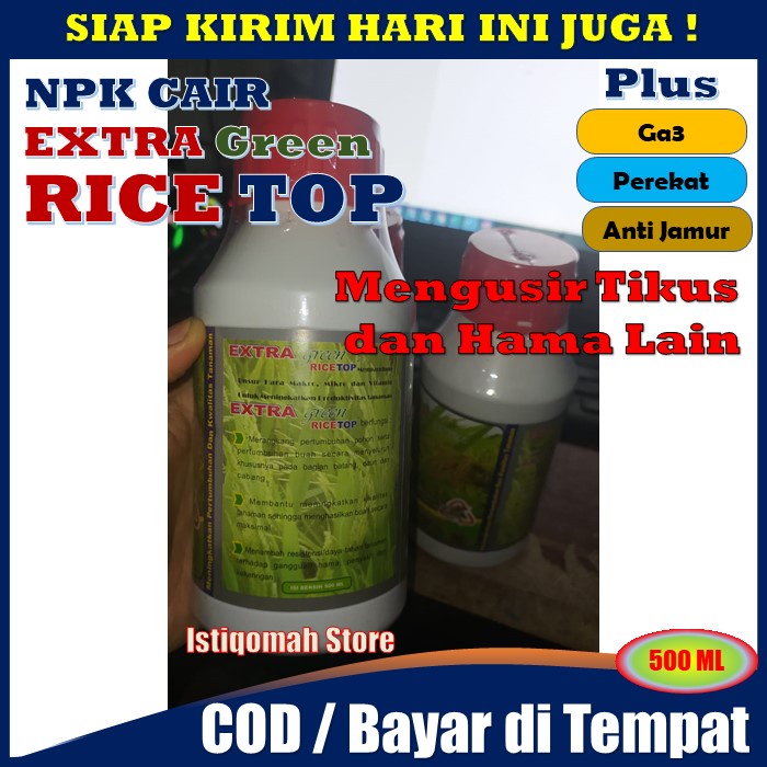 Pupuk NPK Cair EXTRA GREEN RICETOP Spesial untuk Padi Plus Ga3 Perekat Anti Jamur Mengusir Tikus dan Hama Lain Meningkatkan Pertumbuhan Dan Kwalitas Tanaman Padi Berbuah Lebat Hasil Panen Melimpah - Obat Penambah Bobot Gabah Padi Paling Ampuh MURAH