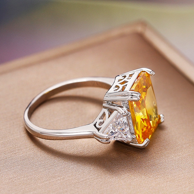 Fancyqube Cincin Bentuk Geometri Warna Silver Hias Cubic Zirconia Kuning Untuk Wanita