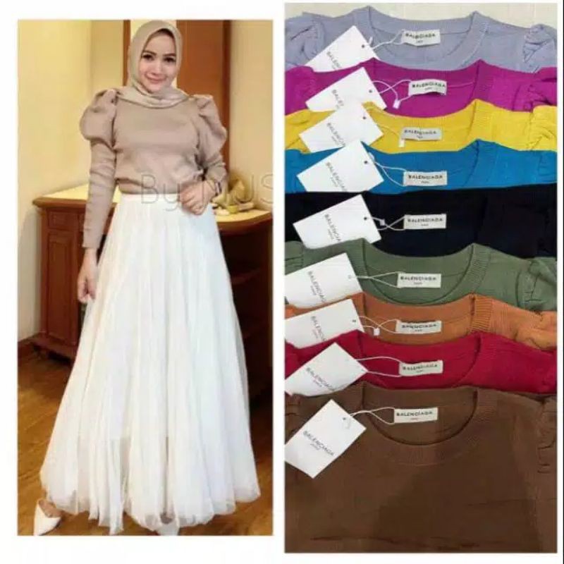 ATASAN / BlOUSE LENGAN BALON RAJUT IMPORT Tag Label BALENCIAGA. Super Best Seller