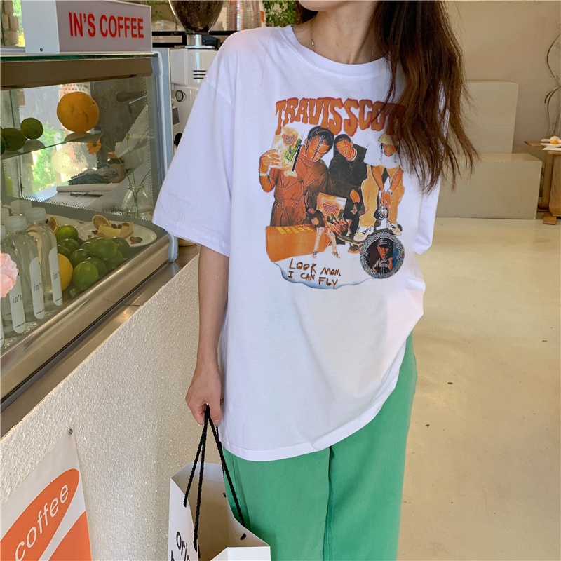 korean style Vintage Print T-shirt /atasan warna putih/kaos atasan wanita/Printed T-shirt