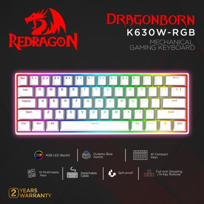 Keyboard Redragon Mechanical Gaming RGB DRAGONBORN WHITE - K630W-RGB
