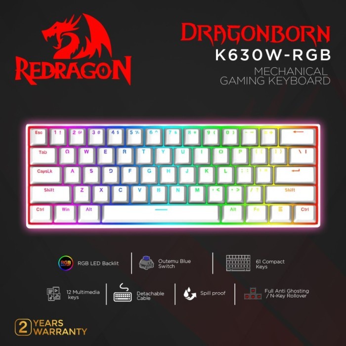 Keyboard Redragon Mechanical  RGB DRAGONBORN WHITE - K630W-RGB