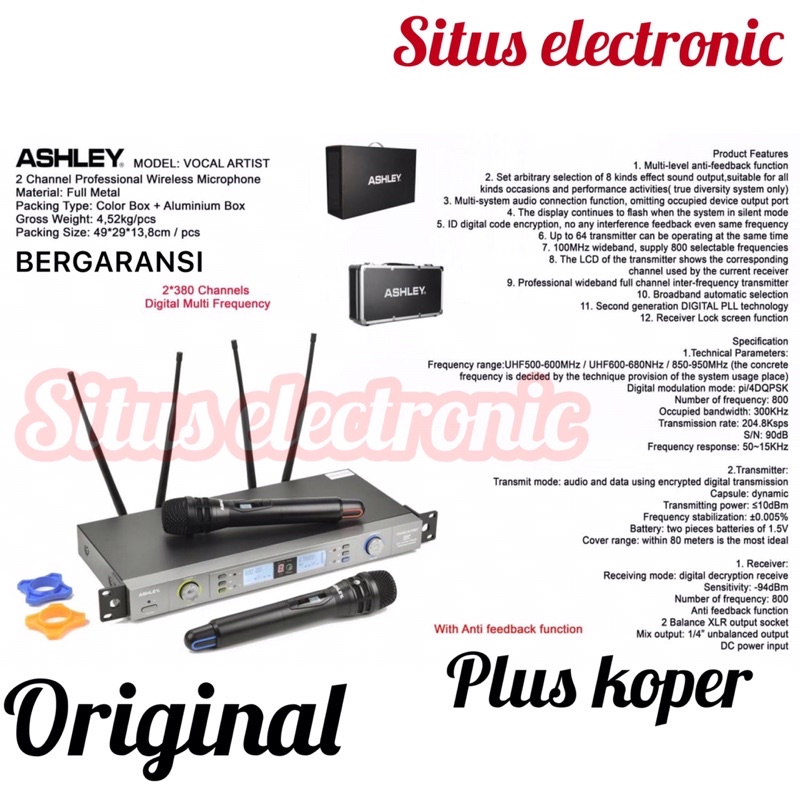 Mic wireless ashley vocal artis original multi channel 4 antena plus koper ashley vocal artist