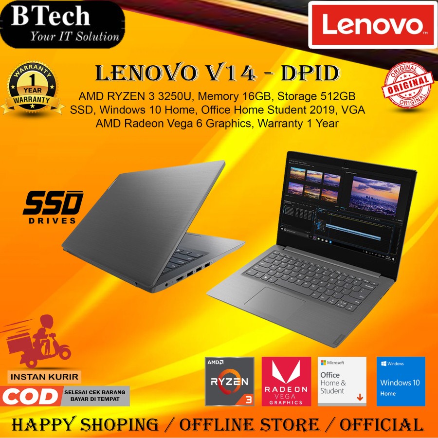 Lenovo V14 - DPID - Ryzen3 3250U 16GB 512GB SSD 14" HD Win10 + OHS