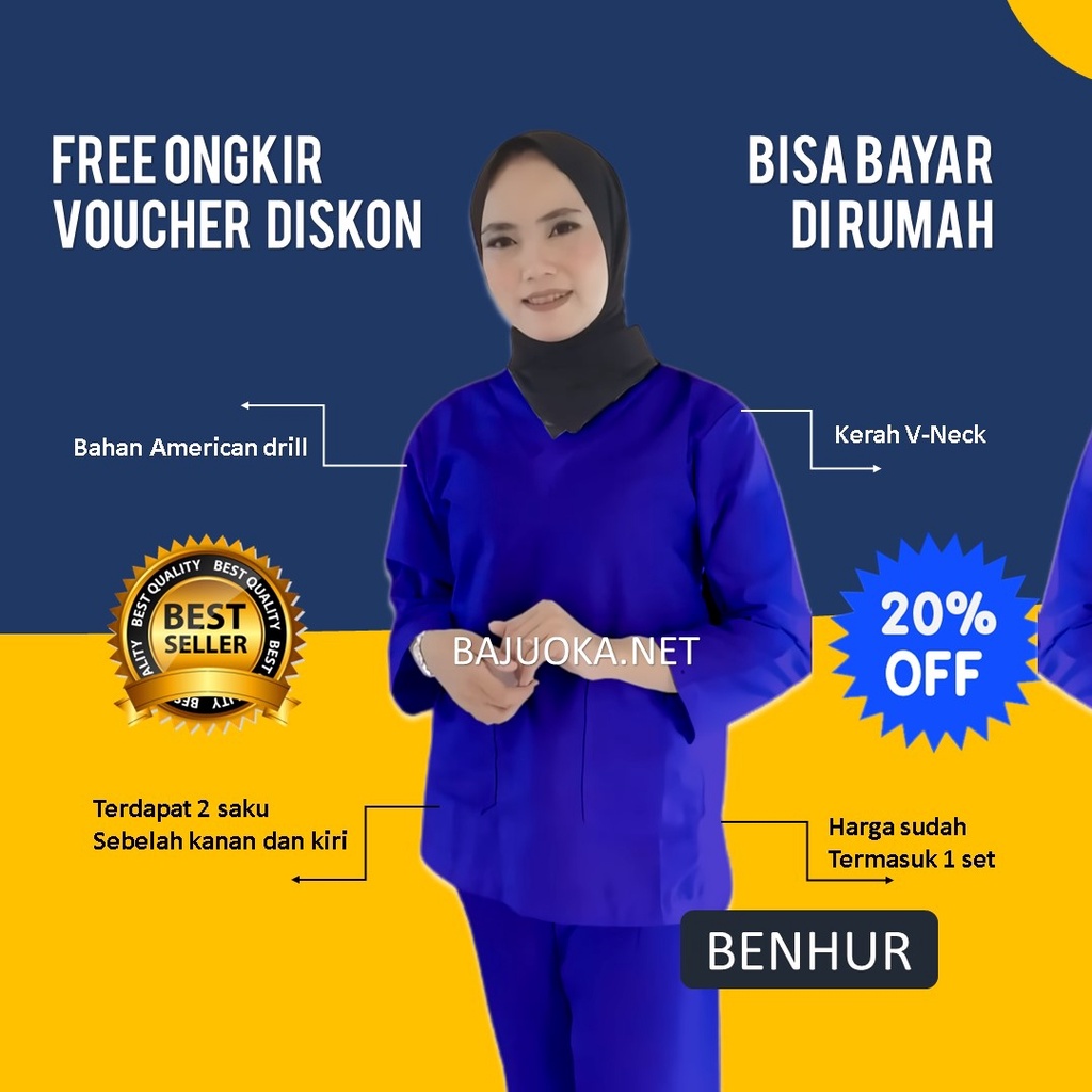 Baju Ok Oka Kerja Jaga Petugas Medis Lengan 3/4 7/8 Pendek Med Scrub Perawat Panjang Joger Army Biru