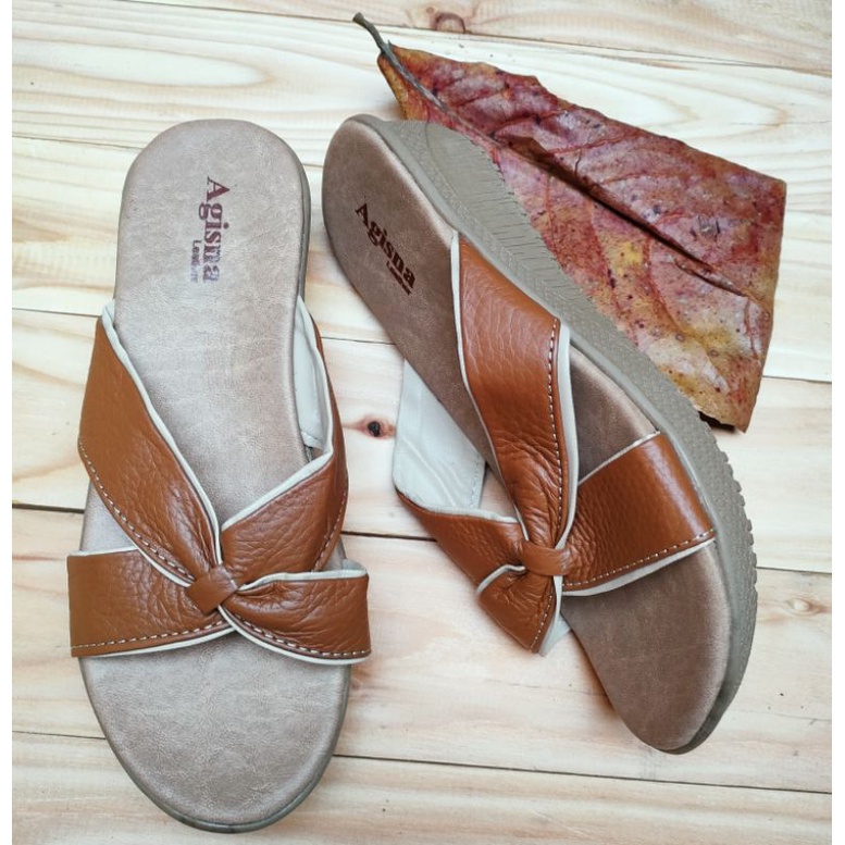 (Bisa cod) sandal kulit wanita asli garut wedges sol crem silang pita