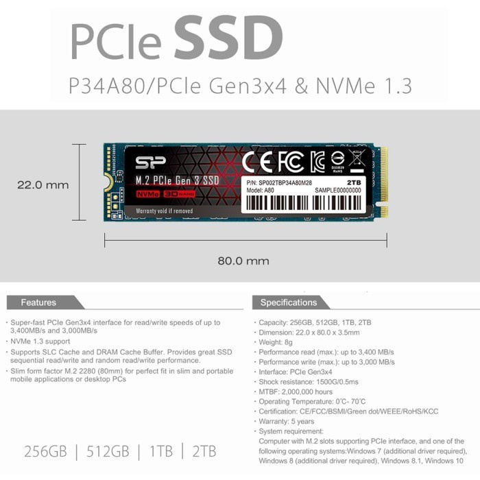 Silicon Power A80 SSD 2TB M.2 2280 PCIe Gen3x4 NVMe 1.3