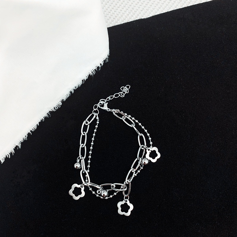 Gelang Bahan Stainless Steel Desain Bunga Kecil Double Layer Gaya Korea Untuk Wanita