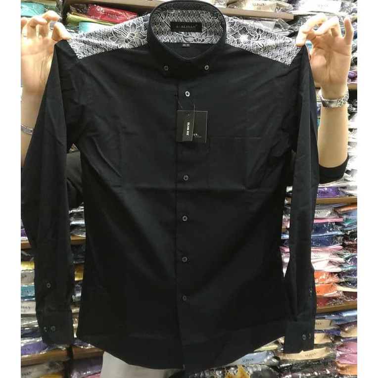 NOTED FREE ONGKIR KEMEJA PRIA ALISAN SLIMFIT PANJANG HITAM KOMBINASI PUNDAK BATIK - HITAM, L 
