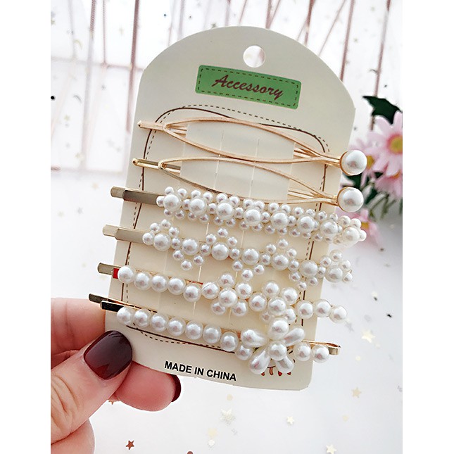 LRC Jepit Rambut Fashion White Alloy Pearl Hair Clip Six-piece F50050